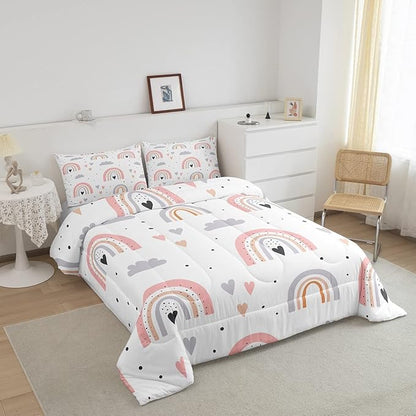 Rainbow Queen Bedding Sets For Girls, Kawaii Cloud Comforter Set 3 Pieces With 2 Pillow Cases, Pink Love Heart Down Comforter For Kids Boys Women Adult, Hand Drawn Cartoon Rainbow Duvet Insert