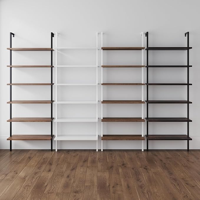 Nathan James Theo 6-Shelf Tall Bookcase, Wall Mount Bookshelf Wood Shelves and Metal Frame, Matte Black
