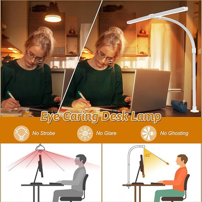 Double Head LED Desk Lamp with Anti-Glare Cover Computer Desk Lamp for Home Office 24W Brightest Desk Light Office Lamp for Workbench Drafting Architect with Clamp and Base