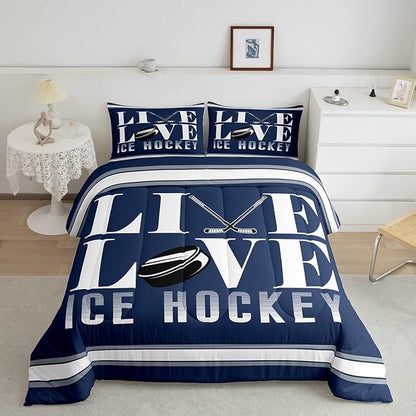 Feelyou Ice Hockey Bedding Set King Size Ice Sports Games Comforter Set for Kids Boys Girls Decor Hockey Player Comforter Microfiber Puck Hockey Duvet Set Bedroom Quilt Set