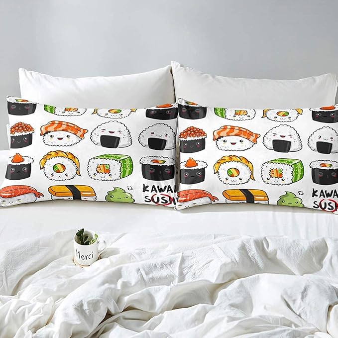 Erosebridal Sushi Pattern Comforter Set Queen, Japanese Style Down Comforter, Food Theme Quilted Duvet for Kids Boys Girls Teens, Cute Cartoon Japanese Sushi Quilt Set Room Decorative
