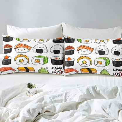 Erosebridal Sushi Pattern Comforter Set Queen, Japanese Style Down Comforter, Food Theme Quilted Duvet for Kids Boys Girls Teens, Cute Cartoon Japanese Sushi Quilt Set Room Decorative