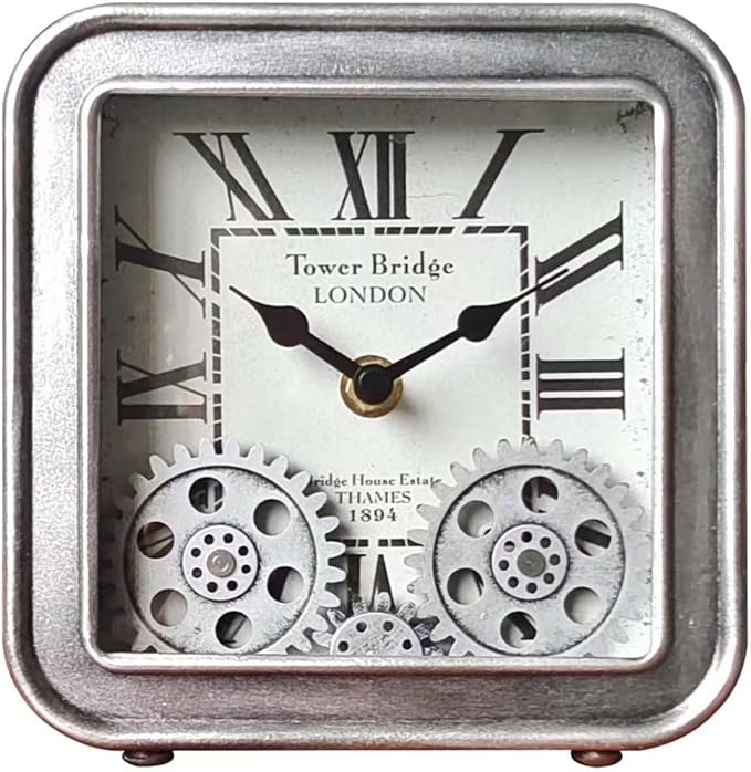 Desk Clock Vintage Metal Table Clocks with Moving Gears, Silent Retro Industrial Steampunk Quartz Small 6 inch End Table Clock for Home Office Living Room Decor Battery Operated