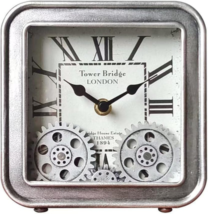 Desk Clock Vintage Metal Table Clocks with Moving Gears, Silent Retro Industrial Steampunk Quartz Small 6 inch End Table Clock for Home Office Living Room Decor Battery Operated
