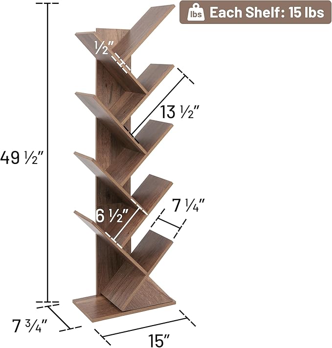 Labcosi 8 Tier Tree Bookshelf, Floor Standing Wood Tree Bookcase, Tall Book Storage Rack for Books/CDs, Book Organizer Shelves for Home Office, Bedroom, Living Room