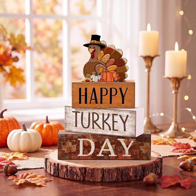 Moucuny 4 Pcs Fall Table Decorations for Home Thanksgiving Turkey Wooden Stacked Sign Decor Thanksgiving Tiered Tray Decor Rustic Happy Turkey Day Block Sign for Autumn Harvest Party Kitchen Shelf