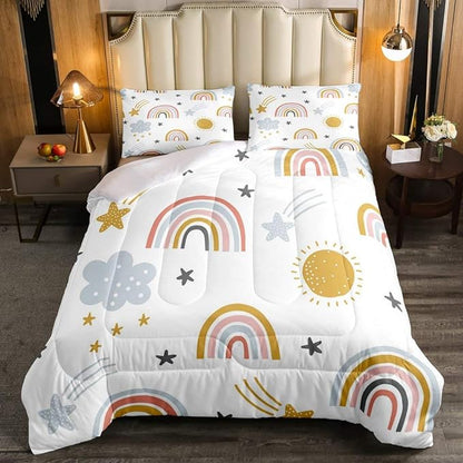 Erosebridal Girls Rainbow Bedding Set, Sun and Stars Comforter Set Full Size for Kids Boys Children Cartoon Style Cloud Bedding Comforters Girly Soft Microfiber Duvet Insert for Bedroom Decor