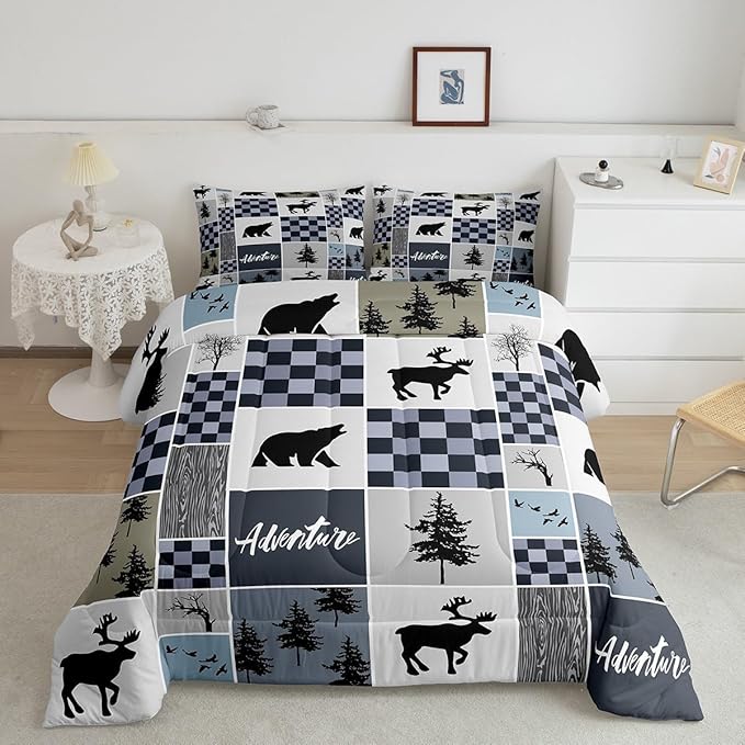 Deer Antler Comforter Set Queen Size,Bear Rustic Farmhouse Adventure Bedding Set for Kids Boys Girls Adults Room Decor,Pine Trees Plaid Patchwork Down Comforter,Blue Xmas Duvet Insert,2 Pillowcases