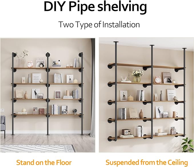 Pynsseu Industrial Iron Pipe Shelf Wall Mount, Farmhouse DIY Open Bookshelf, Pipe Shelves for Kitchen Bathroom, bookcases Living Room Storage, 3Pack of 5 Tier.