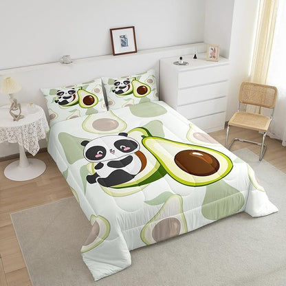 Erosebridal Panda Comforter Set Full,Avocado Bedding Set Cute Black White Panda Bedding Bear Cat Bedding Comforter for Kids Boys Girls Green Tropical Fruit Quilt Duvet Set Room Decor 2 Pillow Cases