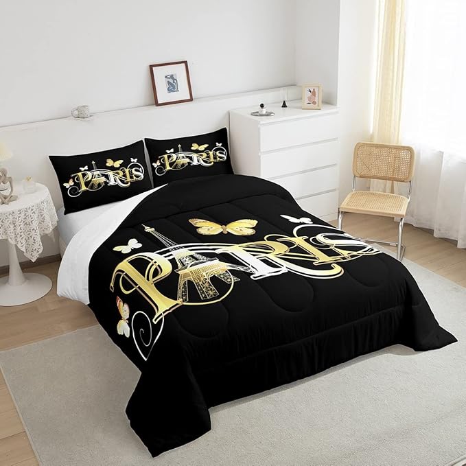Eiffel Tower Comforter Chic Paris Theme Bedding Set for Kids Boys Girls Butterfly Paris Cityscape Printed Comforter Set Modern French Style Duvet Set Golden Black Bedroom Decor Quilt Set Full Size