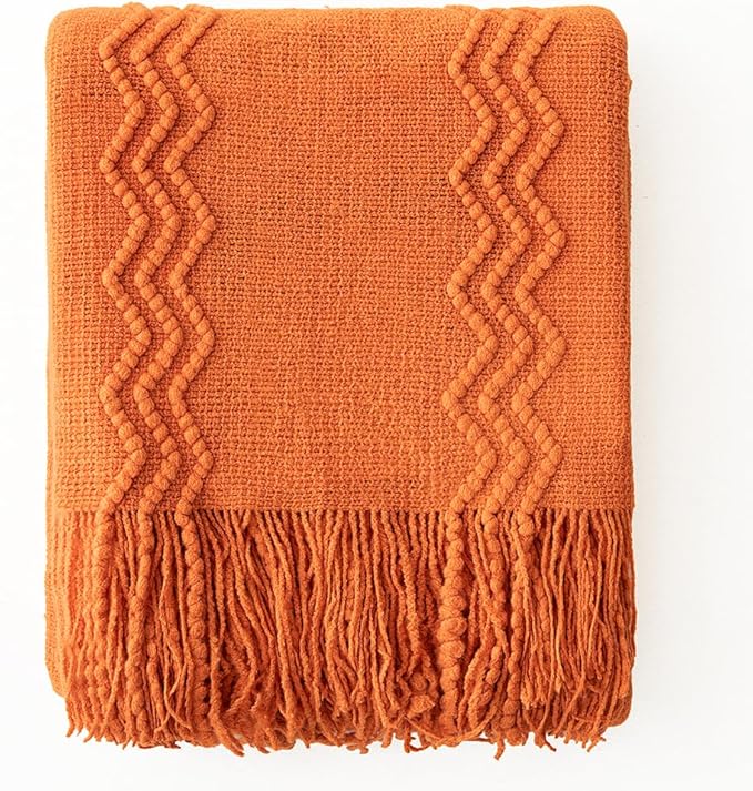 MIULEE Burnt Orange Knitted Throw Blanket for Couch Boho Textured Cozy Woven Blanket with Tassels for Sofa Chair Bed Living Room Fall Home Decor Farmhouse Acrylic Wave Pattern 50"x60"