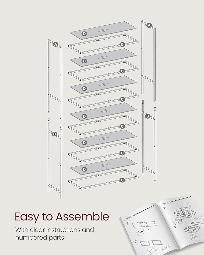 VASAGLE Bookcase, 6-Tier Bookshelf, Slim Shelving Unit for Bedroom, Bathroom, Home Office, Tempered Glass, Steel Frame, Ink Black and Slate Gray ULGT503G01
