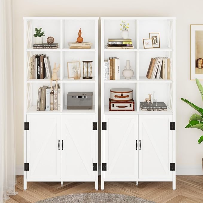 FATORRI Bookshelf with Doors, Modern Tall Bookshelf with Cabinet, Wood Book Shelf and Farmhouse Organizer Storage BookCase for Living Room (White Oak)