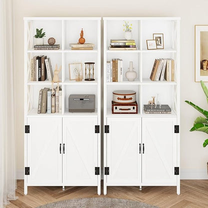 FATORRI Bookshelf with Doors, Modern Tall Bookshelf with Cabinet, Wood Book Shelf and Farmhouse Organizer Storage BookCase for Living Room (White Oak)