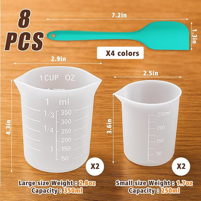 Juome Silicone Chocolate Melting Cup Set with 4PCS Silicone Measuring Cups for Melting Chocolate (250ml, 350ml) & 4PCS Jar Spatulas, Heat-Resistant, Baking Supplies Accessories for DIY Chocolate Molds
