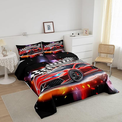 Feelyou Speed Sports Car Comforter Set Full Size Extreme Sports Bedding Set for Kids Boys Girls Decor Red Comforter Microfiber Checkerboard Quilt Set Bedroom Bedclothes…