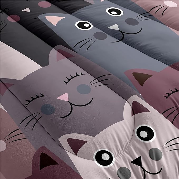 Cat Twin Comforter Set for Bedroom - 2Pcs Grey Cat Comforter Set for Teens Kids Cute Cartoon Cat Bedding Set Ultra Soft Warm Lightweight Kawaii Animal Patterns Comforter with Pillowcase
