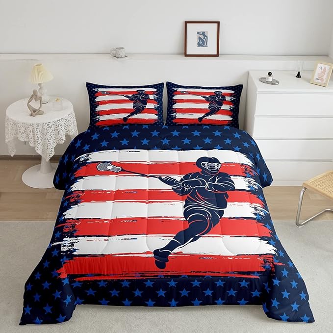 Feelyou Lacrosse Comforter Set Twin Size Boys Gilrs American Flag Sports Theme Bedding Set for Kids Adults Ultra Soft Lacrosse Player Games Comforter Navy Blue Duvet Set Room Decor Quilt Set
