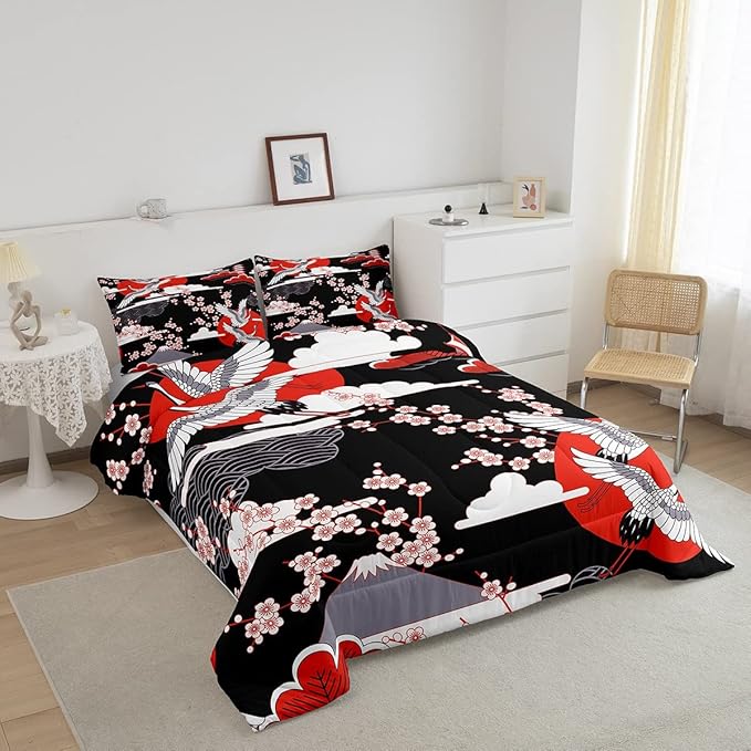 Japanese-Style Comforter Set Queen Size Crane Printed Cherry Blossoms Decor Down Comforter, for Adult Women Girls Teens Japanese Traditional Pattern Quilted Duvet Ukiyoe Theme Bedding Comforter