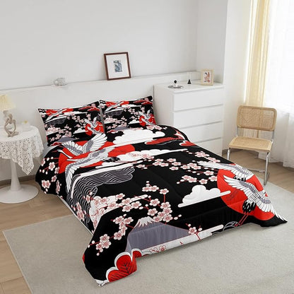 Japanese-Style Comforter Set Queen Size Crane Printed Cherry Blossoms Decor Down Comforter, for Adult Women Girls Teens Japanese Traditional Pattern Quilted Duvet Ukiyoe Theme Bedding Comforter