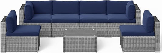 SUNVIVI OUTDOOR 7 Piece Patio Furniture Sets All Weather Grey PE Wicker Couch Sofa with Glass Table, Removable Navy Blue Cushions