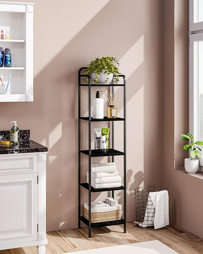 Bookcase Bookshelf, Narrow Book Shelf, Industrial Coner Shelf Storage Organizer, Slim Shelving Unit for Home Office, Living Room, Bedroom, Kitchen, 5-Tier Black BC24504B