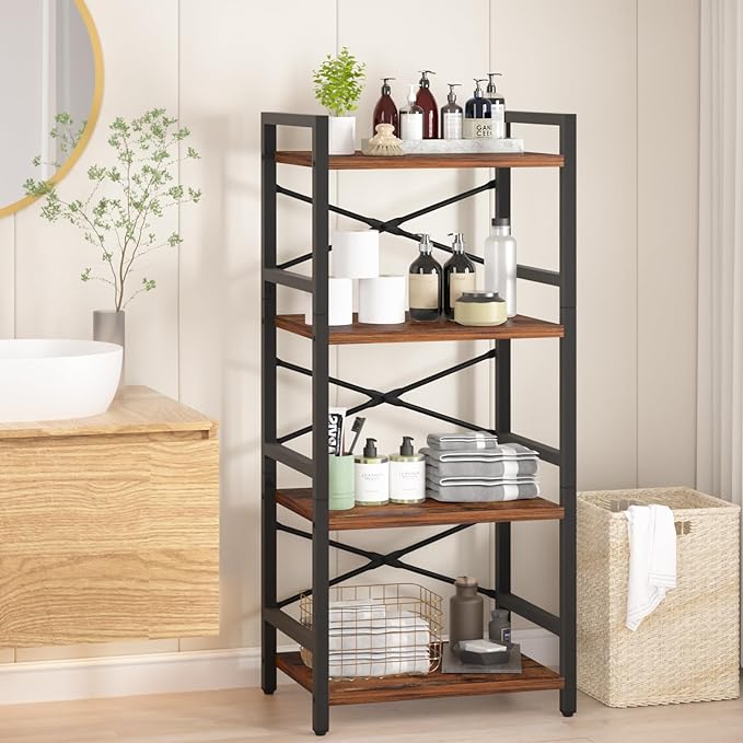 Yoobure 4 Tier Bookshelf - Small Book Shelf Industrial Bookcase, Narrow Book Case Book Storage Organizer for CD/Movie/Book, Bookshelves for Bedroom Office Living Room Berry Brown