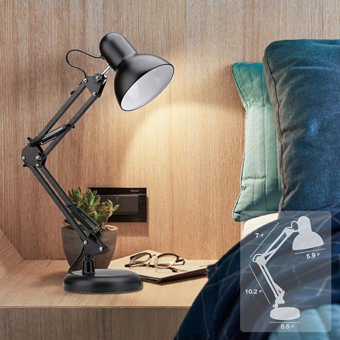 Metal Swing Arm Desk Lamps, Adjustable and Flexible, Feading with Base and Clip 2-in-1 Function, Fit E26&E27 Bulbs Base, Application in Bedroom Living Room, Office Home (Black)