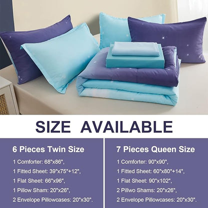 Girls Comforter Set Twin Size 6 Pieces Bed in A Bag Colorful Ombre Blue Purple Rainbow Bedding Set for Kids Teen (1 Comforter, 1 Flat Sheet, 1 Fitted Sheet, 1 Pillow sham, 2 Pillowcases)