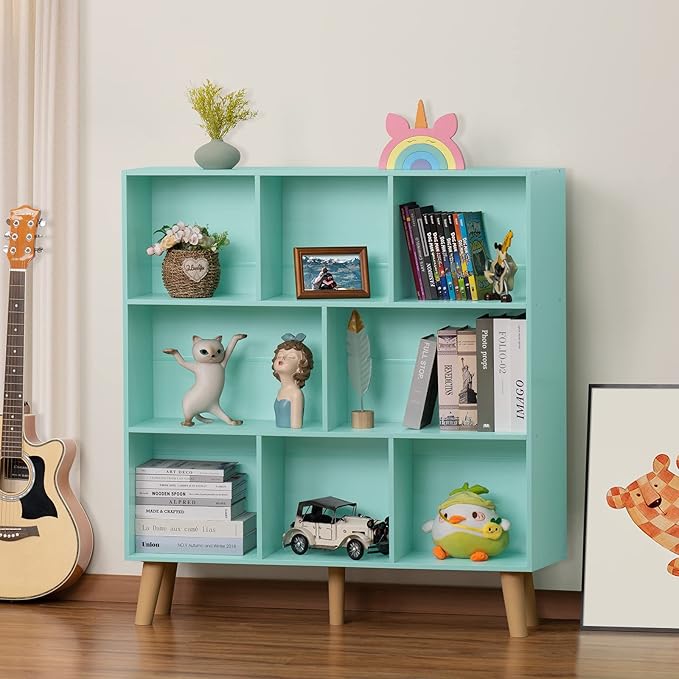 LEYAOYAO 8 Cube Bookshelf 3-Tier Bookcase with Legs, Mint-Green Kids Book Shelf Cute Storage Organizer, Large Open Toy Shelves Modern Bookshelves,Display Bookcases for Bedroom,Living Room,Nursery