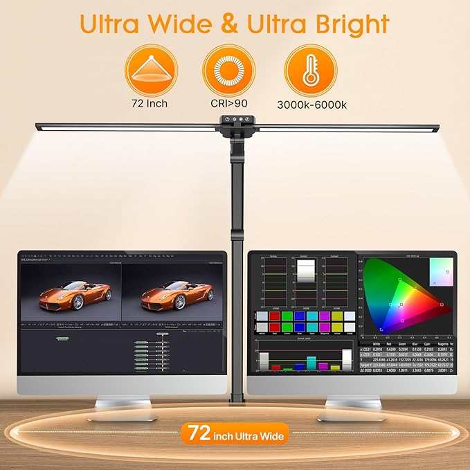 Syrinx Desk Lamp, Architect Desk Lamps for Home Office with Gesture Sensor Switch, 24W Bright Double Head Table Lamp with Clamp, Touch Control, Timer, 5 Dimming and 3 Tempering LED Desk Light