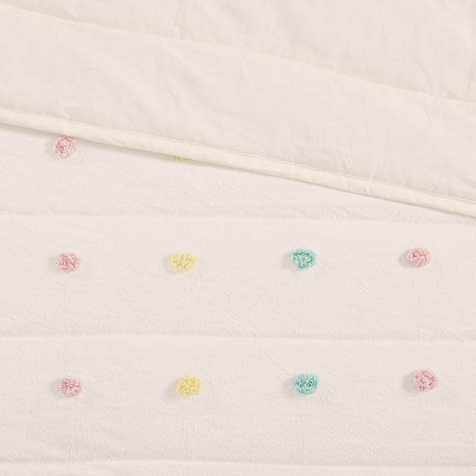 Quilt Set Cotton Jacquard Weave Colorful Poms Accent All Season Shabby Chic Bedding Coverlet Bedspred, Girls Bedroom Décor, Full Queen, Multi 5 Piece