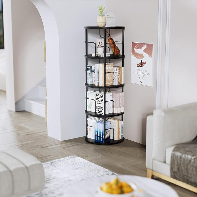 Rotating Bookshelf, 4 Tier Spinning Bookshelf Tower, 360° Display Unique Round Bookcase, Floor Standing Corner Revolving Bookshelf Storage Organizer for Small Spaces, Home Study Office, Black