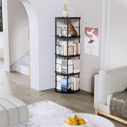 Rotating Bookshelf, 4 Tier Spinning Bookshelf Tower, 360° Display Unique Round Bookcase, Floor Standing Corner Revolving Bookshelf Storage Organizer for Small Spaces, Home Study Office, Black