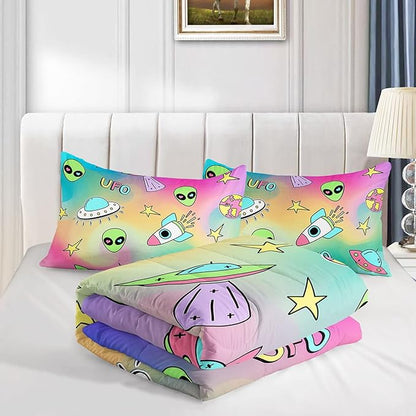Datura home Space Alien Children Bedding Comforter Set for Girls Kids,Colorful Cartoon Outer Space Planet UFO Lovely Alien Theme Bedding Set with 1 Comforter and 2 Pillowcases(Alien3 Queen)