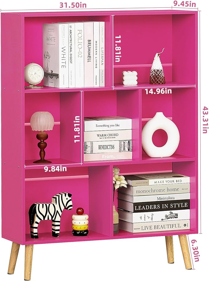 LEYAOYAO 7 Cube Bookshelf,3 Tier Book Shelf with Legs,Pink Modern Bookshelf,Large Freestanding Open Toy Modern Bookshelves,Display Bookcases Decor Furniture for Nursery