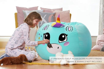 Aubliss Stuffed Animal Storage, Velvet Bean Bag Chairs Cover, Large 32" Ultra Soft Kids Toy Storage Organizer for Blankets Towels Clothes, Cyan Big Eyes