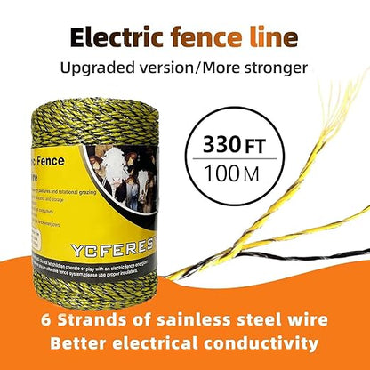 Upgraded Electric Fence Poly Wire 330 Feet 100 Meters and 50 Pcs Black Electric Fence Insulator Screw-in Insulator Fence Ring Wood Post Insulator
