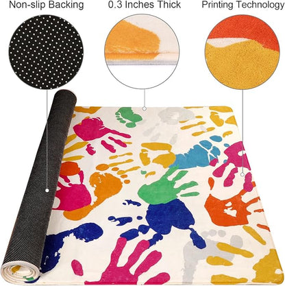 Handprints and Footprints Large Kids Rug 5'x7', Washable Colorful Area Rug for Nursery Room, Non-Slip Play Mat Ultra Soft Indoor Carpet for Bedroom Playroom Classroom