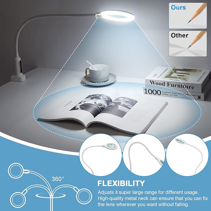 26" Gooseneck Magnifying Lamp with Clamp, 5 Color Modes Stepless Dimmable LED Desk Light with Magnifying Glass, 8X Real Glass Lighted Magnifier Hands Free for Painting Close Work Craft Hobby