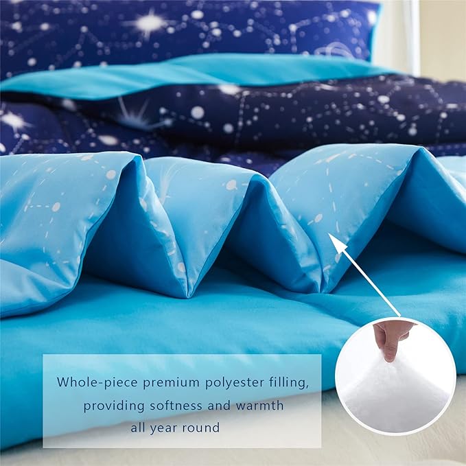 KAKKI Blue Ombre Glitter Galaxy Comforter Set Queen for Boys Girls, Sparkle Constellation Starry Sky Comforter for Kids Teen, 3pc Soft Bedding with 2 Pillow Cases for All Season