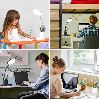 comzler Small Desk Lamp for Kids, LED Desk Lamps with Pen Phone Holder, White Desk Light for Home Office,8W 3 Modes Dimmable LED Desk Light for Kids, Desktop Study Lamps for Bedrooms