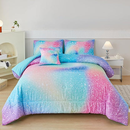 PERFEMET Rainbow Queen Girls Bedding Set, 6 Pieces Glitter Pink Green Comforter for Queen Size Bed, Colorful Tie Dye Ombre Teen Girls Bed in A Bag Comforter Set with Sheets