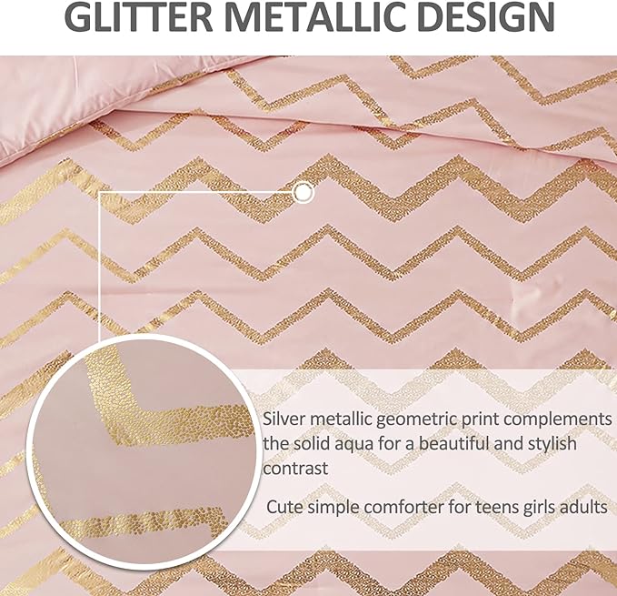 Pink Comforter Set King Size, Metallic Blush and Rose Gold Bedding Set, 4 Piece Lightweight Microfiber Comforter for Teen Girls Women (2 Pillow Shams + 1 Decorative Pillow Sham)