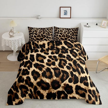 Leopard Print Comforter Set Black Brown Leopard Bedding Set Africa Leopard Pattern Duvet Set for Kids Boys Girls Children Women Bedroom Decorative Africa Wild Animal Theme Comforter Full Size 3Pcs