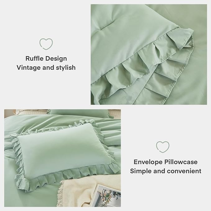 Andency Sage Green California King Comforter Set, 3 Pieces Farmhouse Shabby Chic Cal King Size Ruffle Bed Set, Oversized Soft Lightweight Microfiber Bedding Set