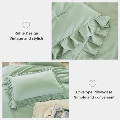 Andency Sage Green California King Comforter Set, 3 Pieces Farmhouse Shabby Chic Cal King Size Ruffle Bed Set, Oversized Soft Lightweight Microfiber Bedding Set