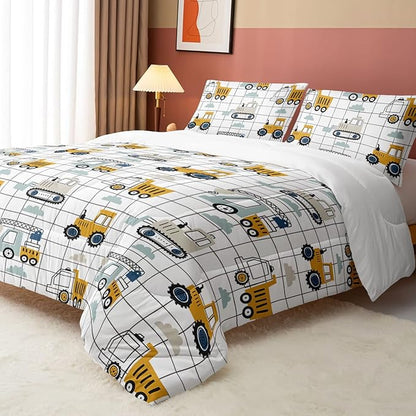 Datura home Construction Truck Set for Boys Kids Children, Machinery Excavators Vehicles Cartoon Tractor Bedding with 1 and 2 Pillowcases(ConstructionTruck Full), Full 80x90inches