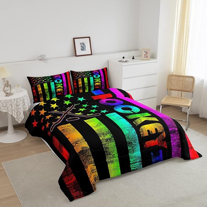Erosebridal Boys Ice Hockey Bedding Set Queen Neon Rainbow American Flag Comforter Set For Kids Teen,Winter Sports Games Bed Comforter Set Retro Colorful Stripes Stars Quilt Duvet 2 Pillow Cases Black